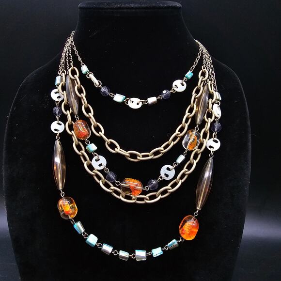 Lia Sophia St Lucia Multicolor Layered Bib Necklace Statement Orange Chain - Picture 1 of 8
